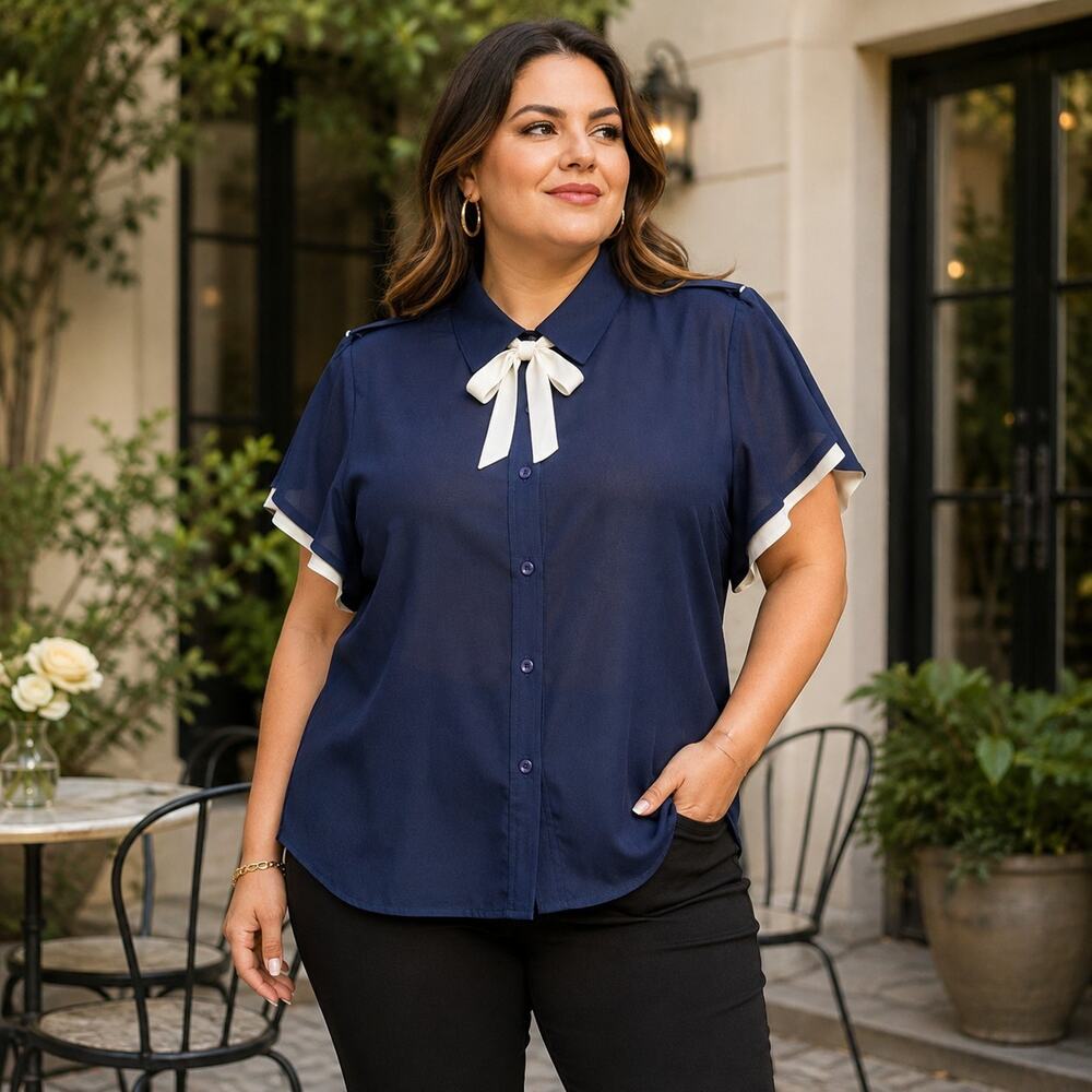 Tulip B Large Navy Ivory Tie Neck Flutter Sleeve Button Front Blouse NWT
